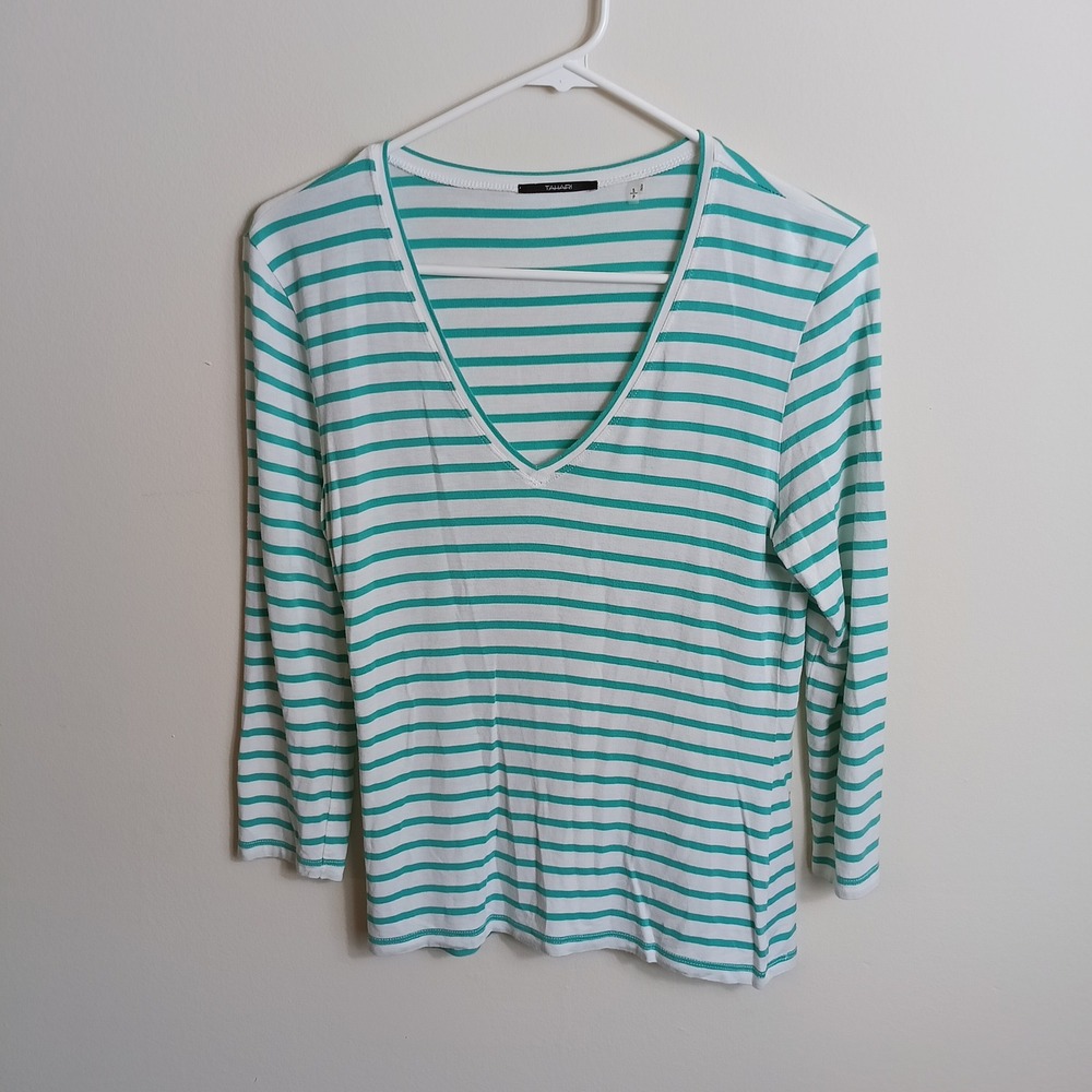 Tahari Striped V-Neck Top Womens Small Teal White Excellent 3/4 Sleeve Modal